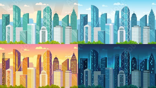 Day time cityscape. City buildings at morning, day, sunset and night town view cartoon vector background illustration set. Bundle of urban landscapes at dawn or in evening with megalopolis exterior.