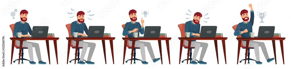 Man working on laptop. Office worker have idea, works with laptop and enjoys success. Work process, bearded programer cartoon vector illustration. Clerk or employee sitting at desk with computer. - obrazy, fototapety, plakaty 