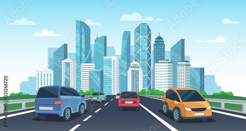 Cars on highway to town. City road perspective view  urban landscape with cars and car travel vector cartoon illustration. Automobiles riding towards megalopolis with skyscrapers and modern buildings.