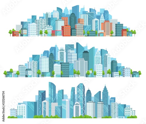Isolated cityscape. City street, abstract urban and horizontal town landscape panorama cartoon vector illustration set. Panoramic views of downtown, district with modern buildings and skyscrapers.