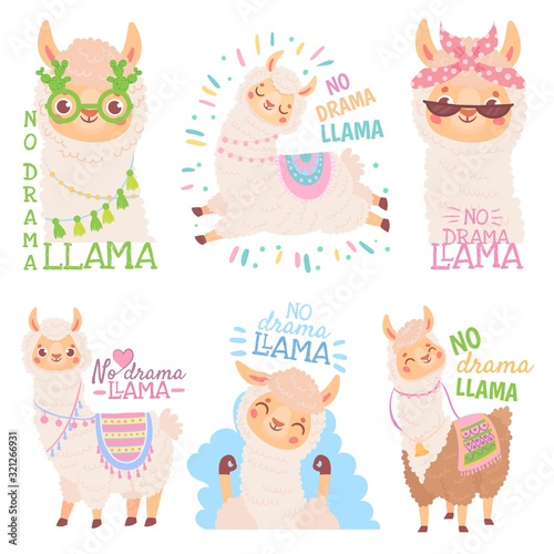 No drama llama. Funny llamas or cute alpacas quote, happy mexican alpaca vector illustration set. Collection of adorable fluffy domestic South American or Andean animals. Bundle of amusing crias.