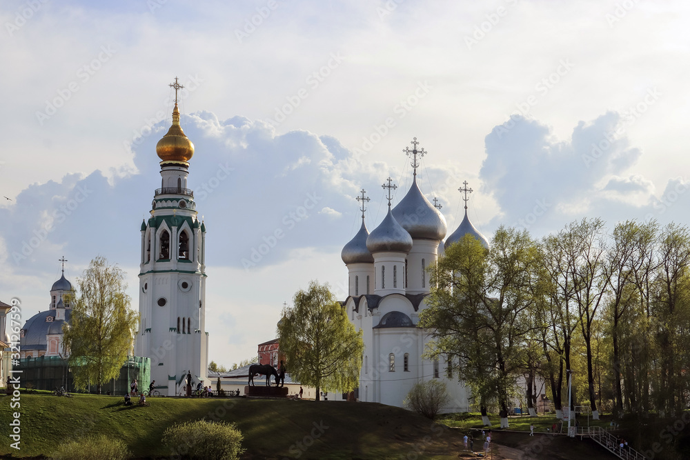 Vologda. Warm spring evening. Bell tower of St. Sophia Cathedral.