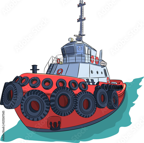 Red tugboat in green water.