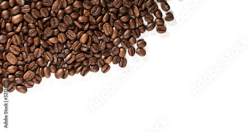 Coffee beans on a white background with place for text.