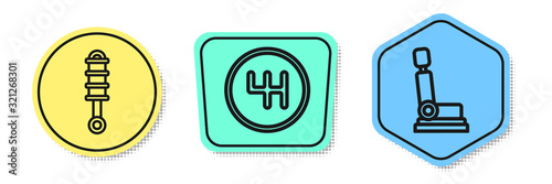 Set line Shock absorber, Gear shifter and Car seat. Colored shapes. Vector