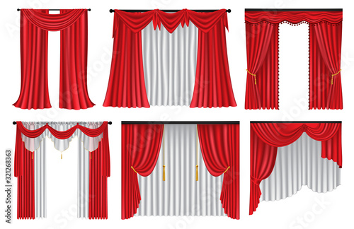 Set of red luxury curtains and draperies on white background