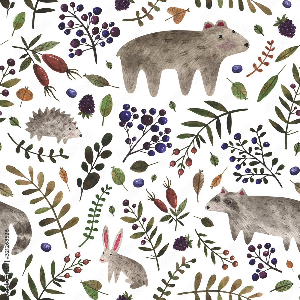 Seamless pattern with wild forest animals. Watercolor hand painted bear ...