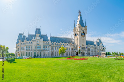 The Palace of Culture in Iasi, Romania. Front view from the Palace Square of The Palace of Culture, the symbol of the city of Iasi on a sunny summer day. Palace of Iasi