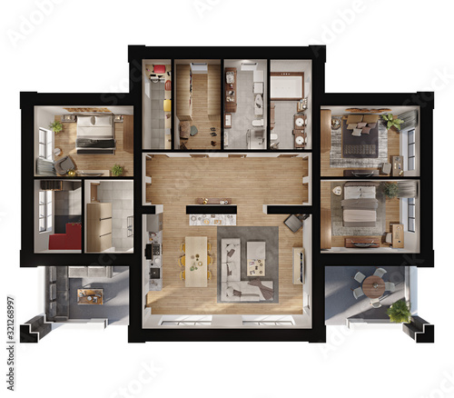 3d render plan and layout of a modern apartment / private house with a terrace