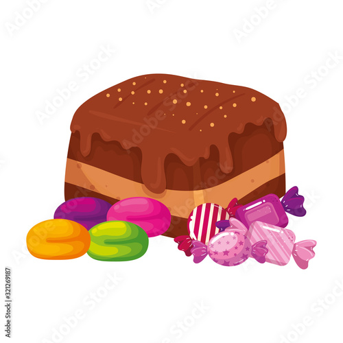 delicious brownie chocolate with candies vector illustration design