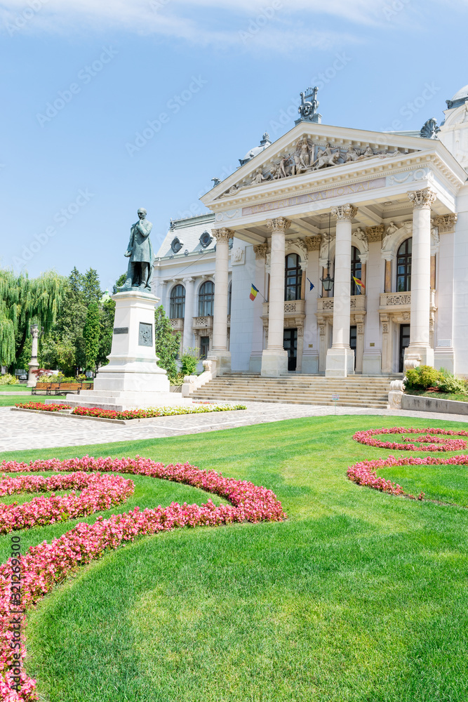 Iasi National Theatre in Iasi, Romania. The oldest national theatre and one of the most prestigious theatrical institutions in Romania. Iasi on a sunny summer day with blue sky