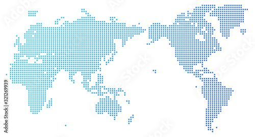 四角いドットで構成された世界地図-青色