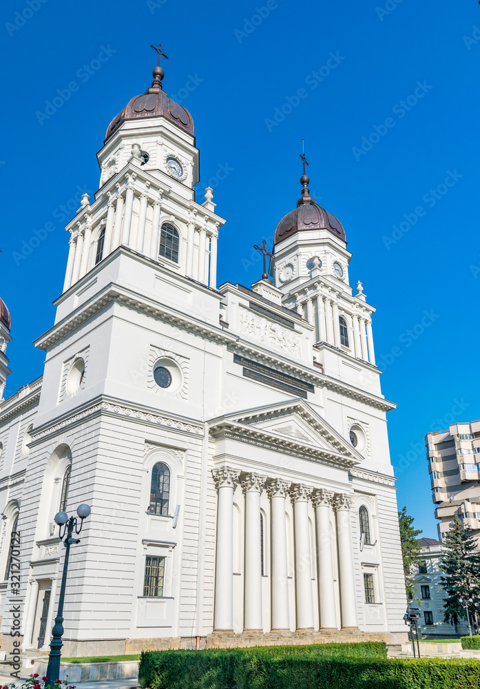 The Metropolitan Cathedral in Iasi, Romania. It is the largest historic Orthodox church in Romania. A landmark church in Iasi on a sunny summer day with blue sky. Iasi Cathedral