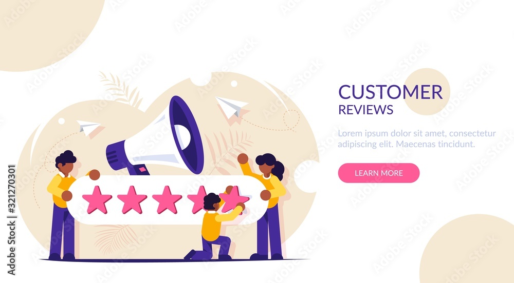 Customer Reviews. People characters giving five star Feedback. Clients choosing satisfaction rating and leaving positive review. Customer service and user experience concept.