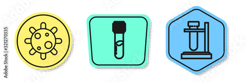 Set line Bacteria, Test tube and flask chemical and Test tube flask on stand. Colored shapes. Vector