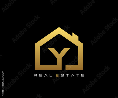Golden Y House Logo Design, Real Estate Icon.