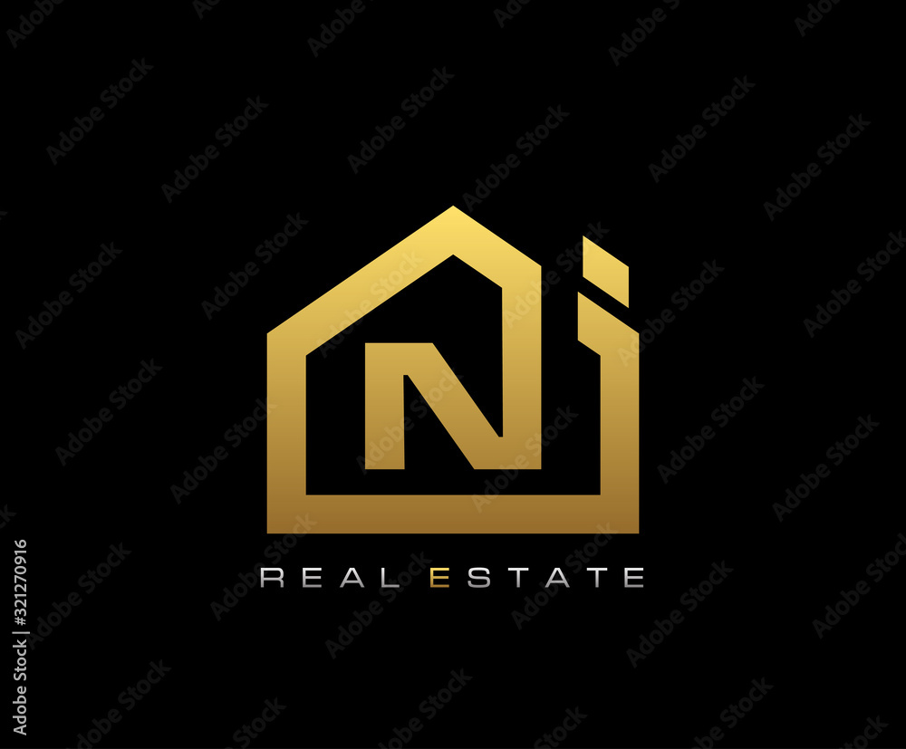 Golden N House Logo Design, Real Estate Icon. Golden N House Logo Design, Real Estate Icon.