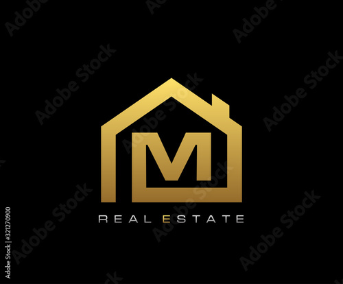 Golden M House Logo Design, Real Estate Icon.