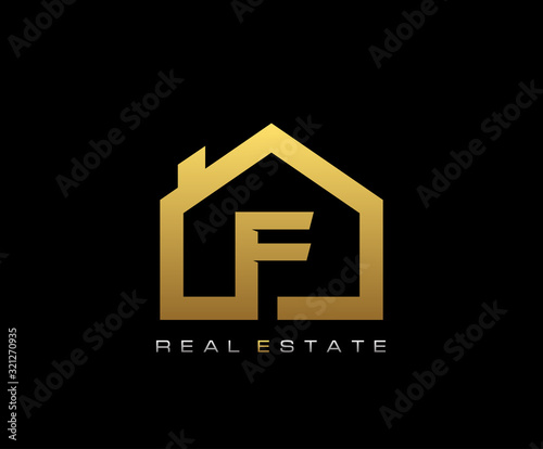 Golden F House Logo Design, Real Estate Icon.