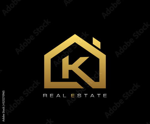 Golden K House Logo Design, Real Estate Icon.