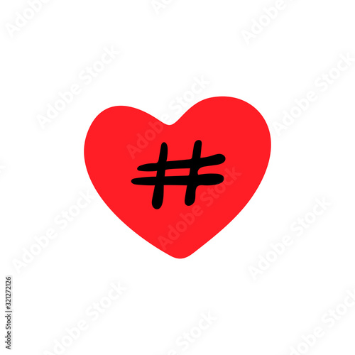 Red heart icon and hashtag on a white background,
