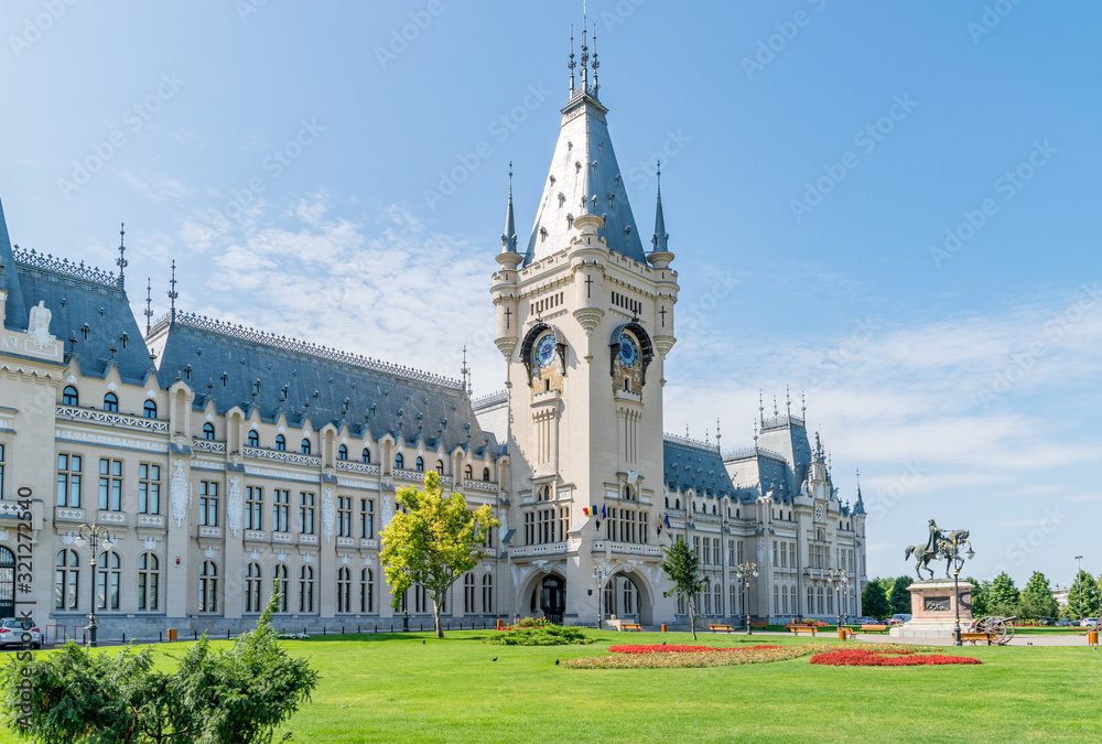The Palace of Culture in Iasi, Romania. Front view from the Palace Square of The Palace of Culture, the symbol of the city of Iasi on a sunny summer day. Palace of Iasi