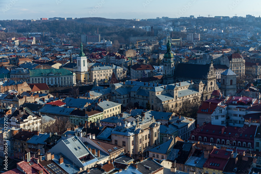 A beautiful aerial view of colorful traditional roofs of houses in Lviv