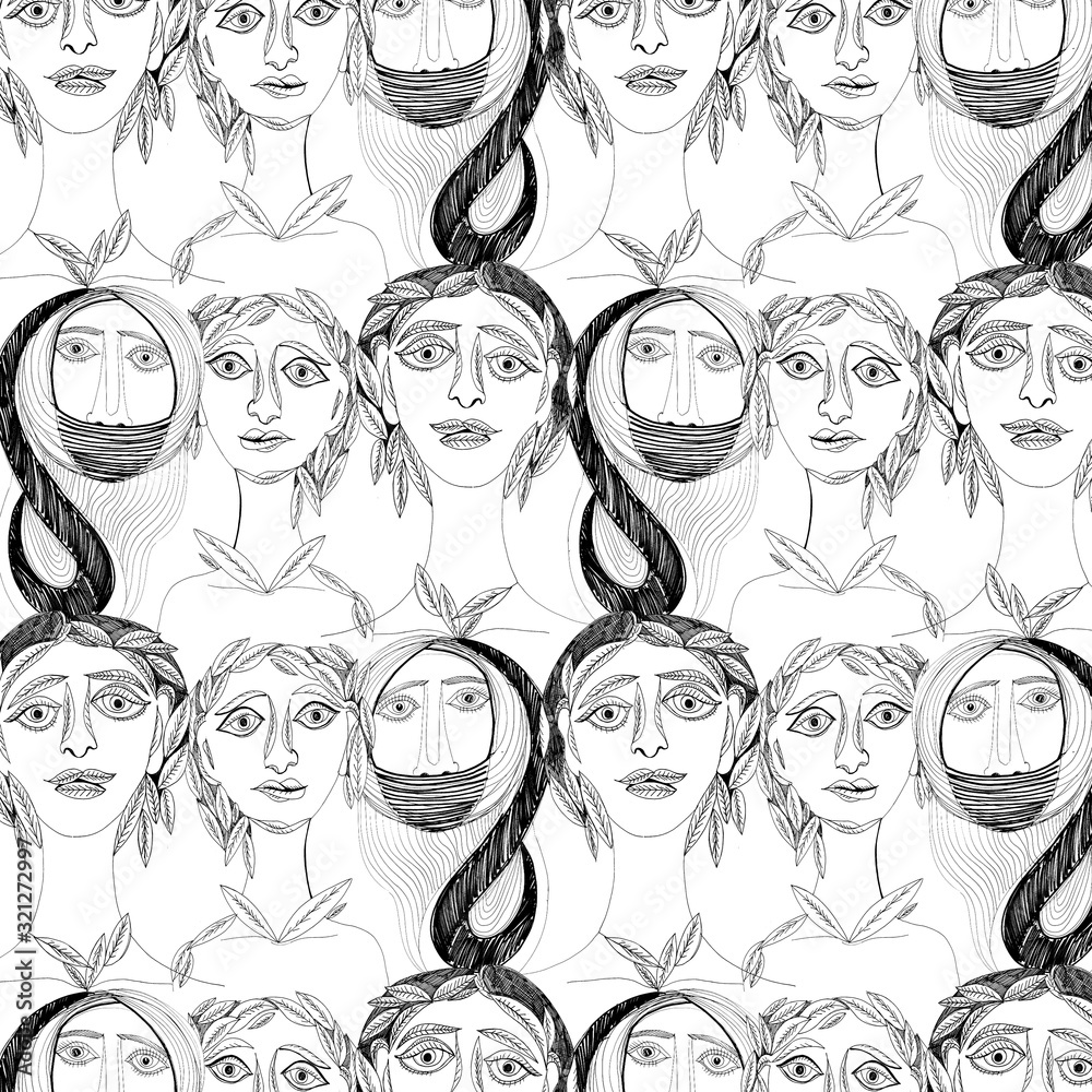 Abstract pattern with human faces, black and white sketch. Freehand drawing Abstract pattern with human faces, black and white sketch. Freehand drawing
