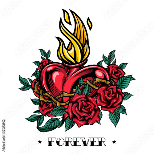 "Forever" - poster design. Sacred heart with red roses arrangement. Handcrafted vector illustration of sacred heart and roses in engraving technique for sticker, t-shirt, print and tatto design.