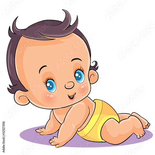 little baby in a yellow diaper and with blue eyes crawls and enjoys life,