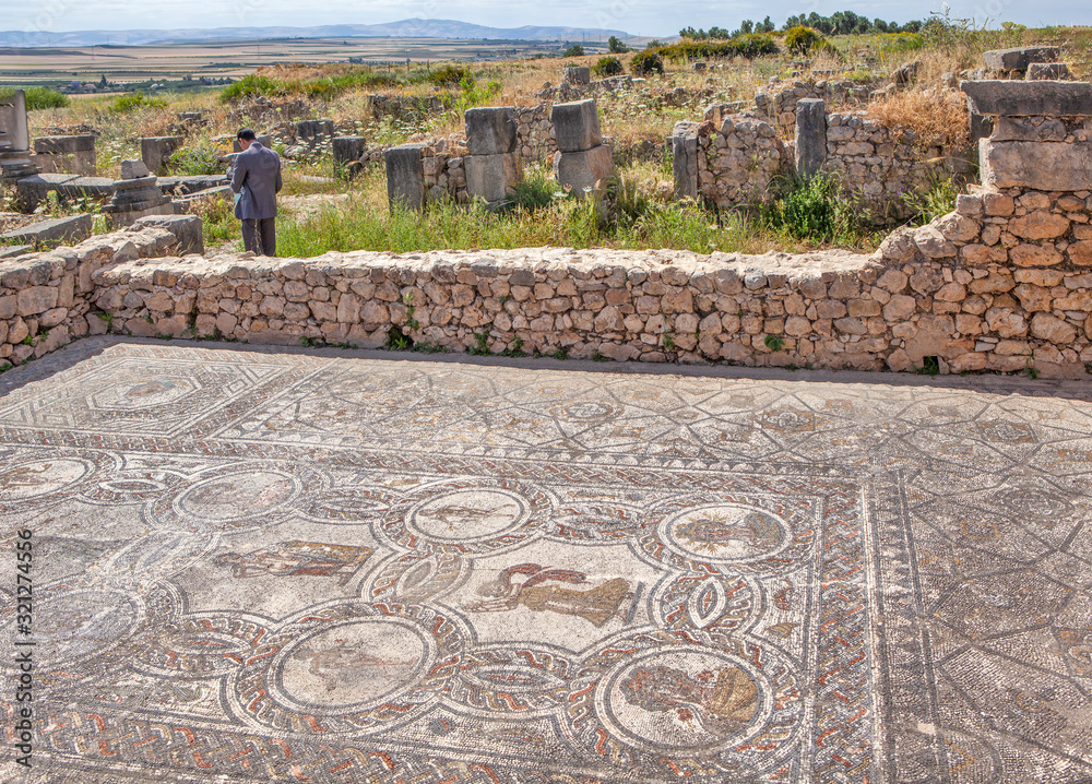 Mosaic with Dionysius and muses symbolizing 4 seasons in the House of Works of Hercules. Volubilis. Morocco
