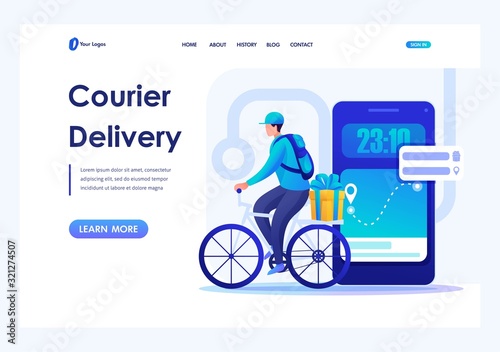 Young man on a Bicycle delivers orders. Courier Delivery. Flat 2D character. Landing page concepts and web design