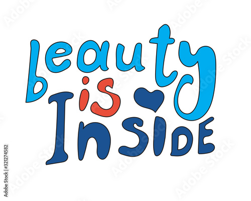 A lettering with the text Beauty inside as a body positive concept, a vector stock illustration with a comic blue syllables isolated on a white background for printing and accepting yourself