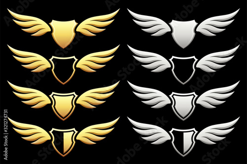 Set of heraldic shield with wings on black background, vector illustration