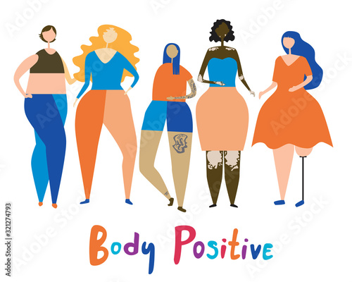A girls and woman feminists with black skin, freckles, vetiligo, a prosthetic leg and tattoos isolated on a white background for design, a flat vector stock illustration as a body positive concept