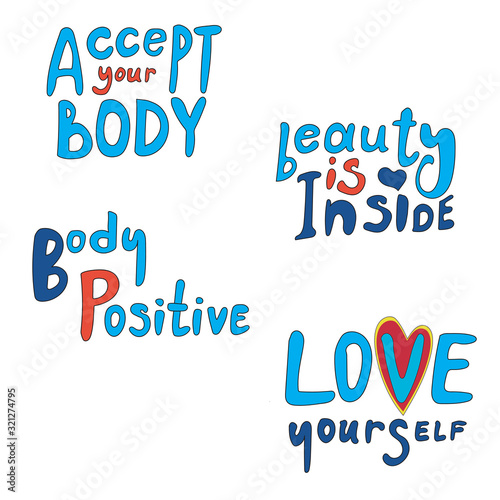 A lettering collection with the text take your body, love yourself as a body positive concept, a vector stock illustration with syllables isolated on a white background for design