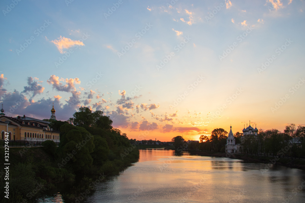Vologda. Warm spring evening. Vologda river. Sunset scene