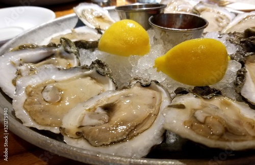 A plate of fresh and raw oysters on ice