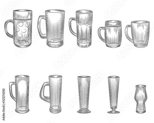 Set of different beer glass and mugs. Beer cup silhouette. Glass or alcohol drink.