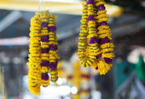 Penang, Malaysia - January 21, 2020 : Colourful flowers and garlands for sale at the little India street, butterworth, Penang. photo