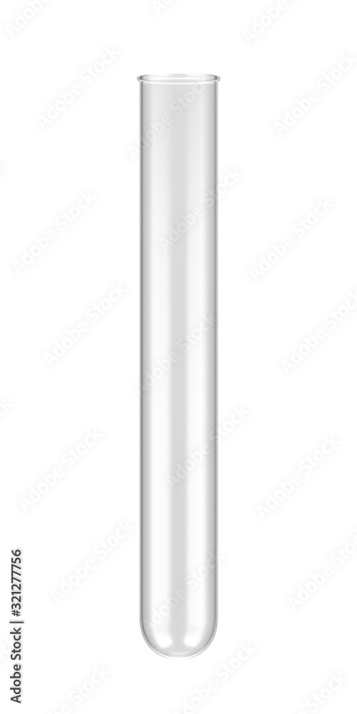 Empty test tube isolated on white background. 3d illustration. Culture tube. Sample tube. Laboratory glassware. 