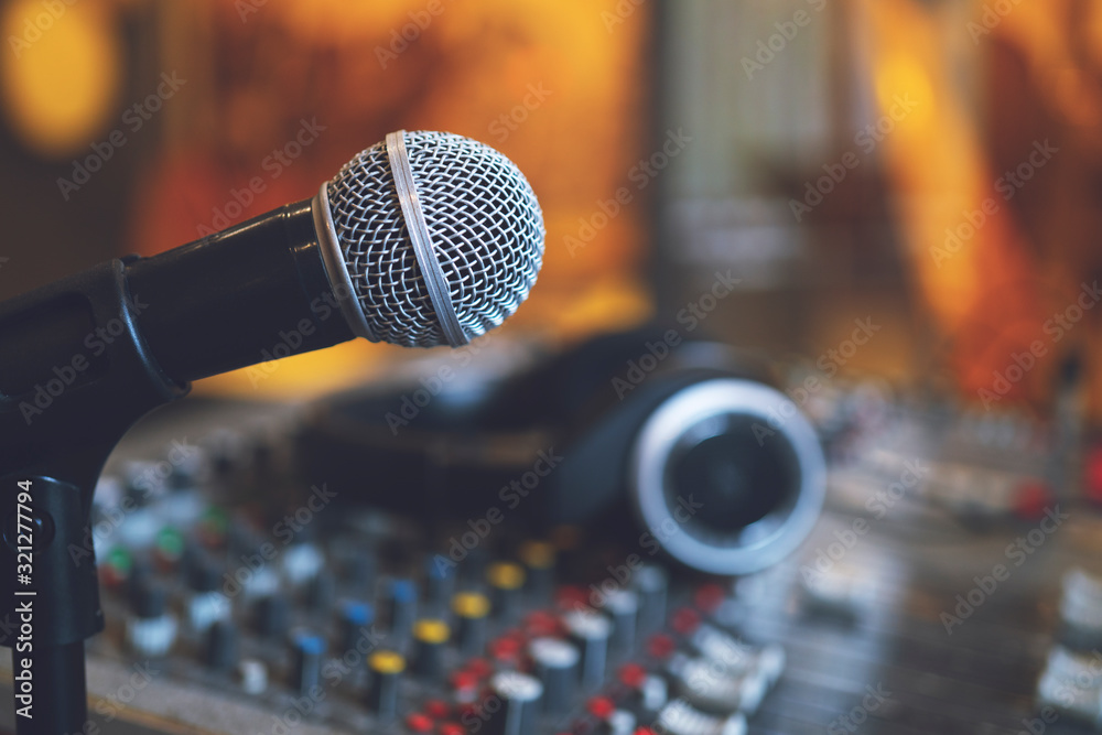 Music instruments or dj  microphone and headphones on sound  mixer background. Stock Photo | Adobe Stock