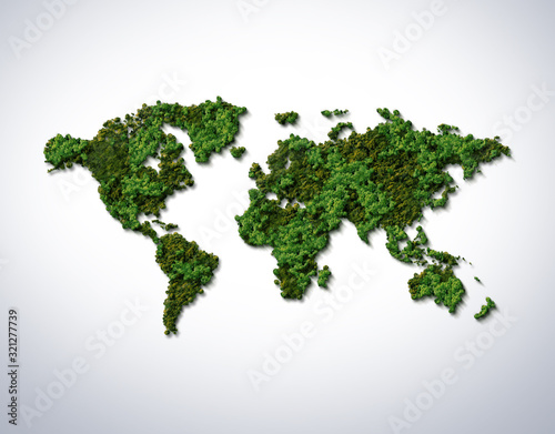 Green World Map- 3D tree or forest shape of world map isolated on white background. World Map Green Concept.