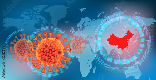 コロナウイルスと世界地図と中国