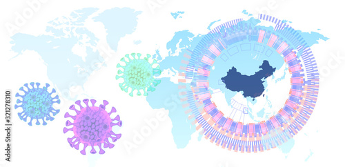 コロナウイルスと世界地図と中国