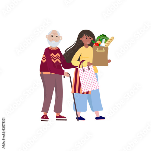 Volunteer helping old man carry products. Social worker takes care about senior man and goes to the shop. Caregiver helps elderly with grocery.