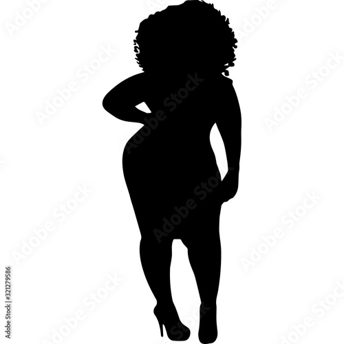 African American Woman Standing in Dress and Heels, Black Afro People Silhouette Vector