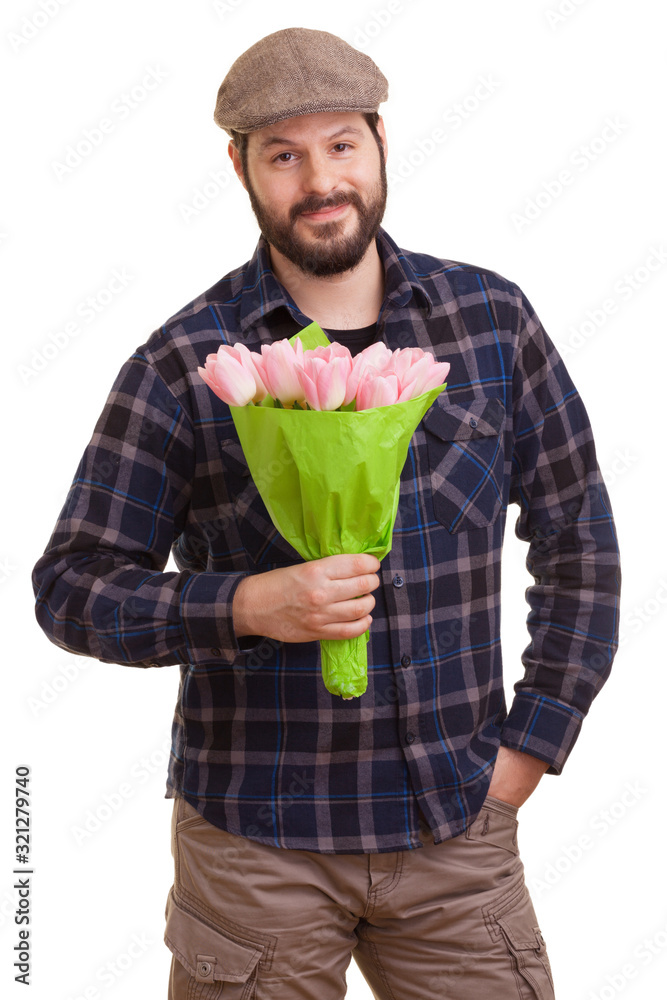 Bearded young handsome man holding a bouquet of pink tulips, isolated on white background. Mothers day, Valentines day, Easter and surprise Concept. Bearded young handsome man holding a bouquet of pink tulips, isolated on white background. Mothers day, Valentines day, Easter and surprise Concept.