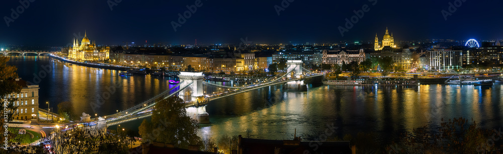 Colorful evening cityscape. Fantastic Night panoramic view at Budapest. Hungarian landmarks, Parliament and Chain Bridge, Popular Travel destinations. popular plases for photographers