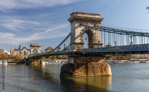 Amazing summer view on Chain Bridge, Budapest. Fantastic Cityscape with perfect sky. Hungarian landmarks. Popular Travel destinations. © jenyateua